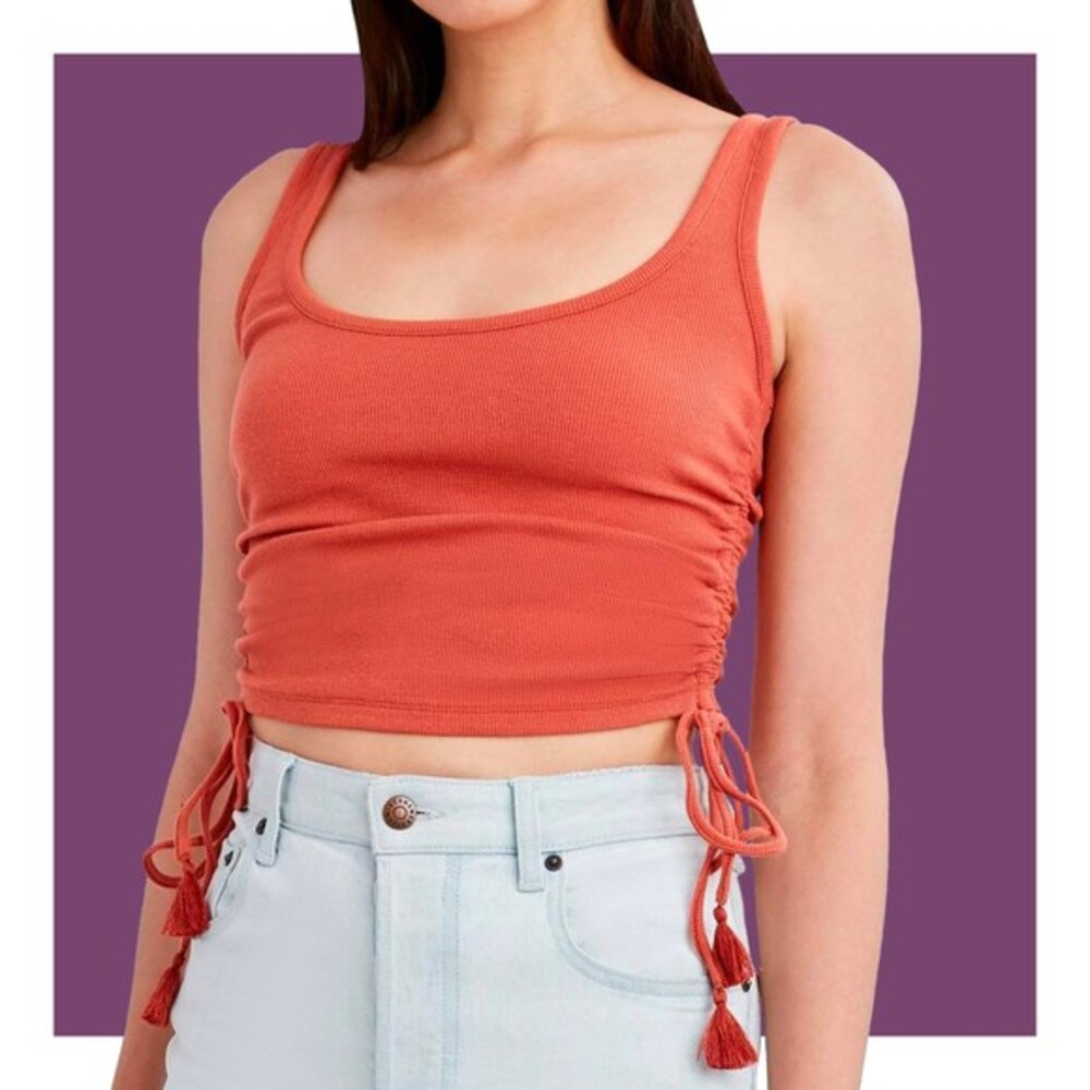 BCBGeneration Rust Orange Crop Drawstring Tassel Ribbed Knit Tank Top Size S NWT
